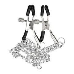 Bound To Please adjustable nipple clamps with rubber tips and chain, designed for comfort and beginner-friendly use.