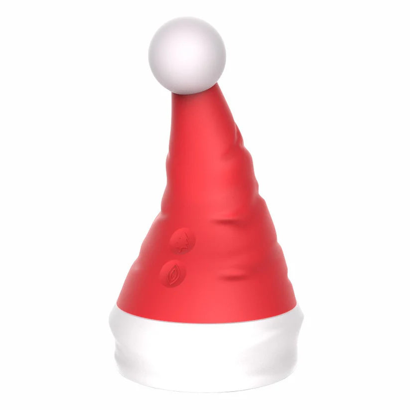 a red and white santa hat with a white ball on top