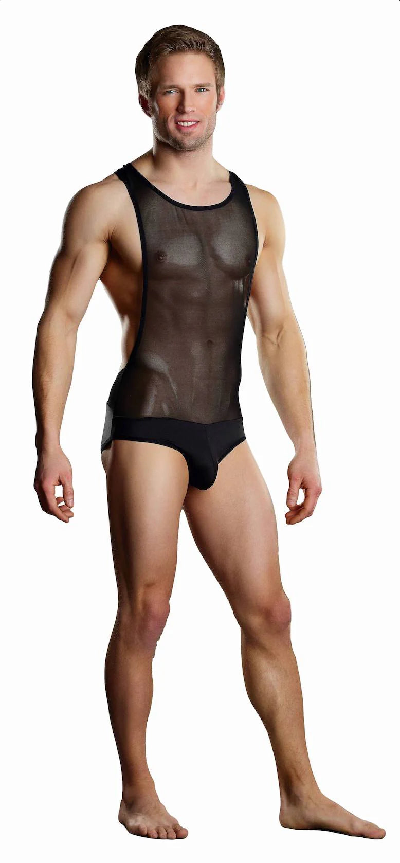 Male Power Singlet in Black Mesh