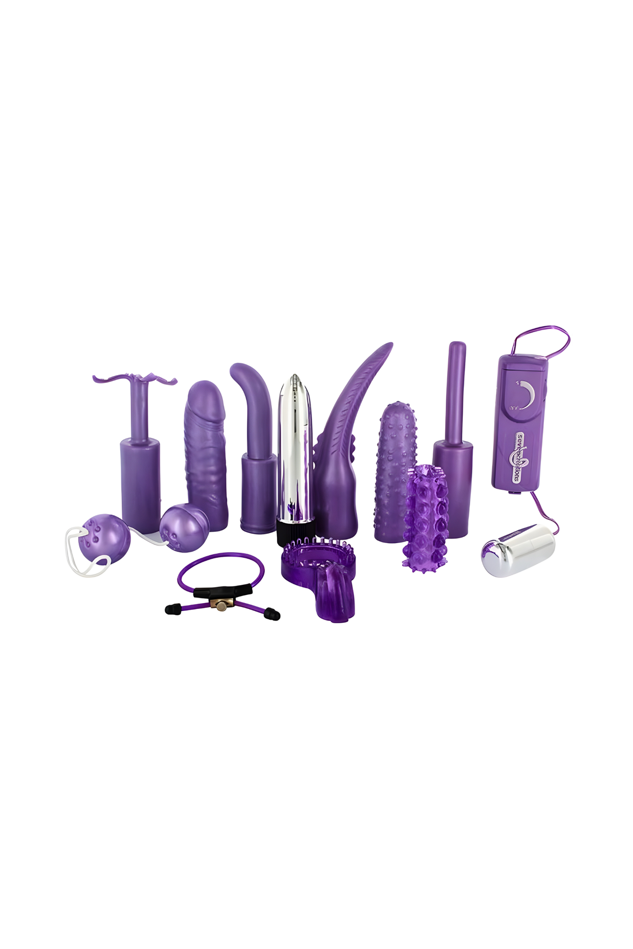 Weekend Couples Sex Kit - Dirty Dozen by Seven Creations, showcasing its luxurious purple design and range of comforting attachments for intimate pleasure.