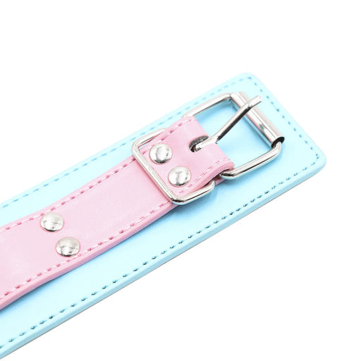 a pink and blue belt with a metal buckle