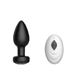 Sophisticated product size chart for a vibrating butt plug and remote, detailing dimensions, accompanied by a stylish carry pouch, set against a dark backdrop.