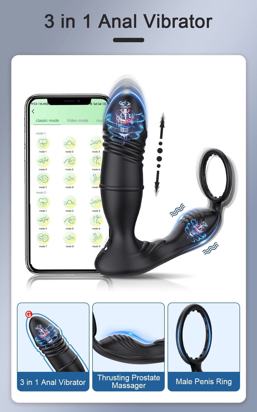 Black Rebel -Male Thrusting Prostate Massager with Dual Vibration and Penis Ring- Bluetooth APP Controlled Prostate Massagers Ali Express (XBELO) 