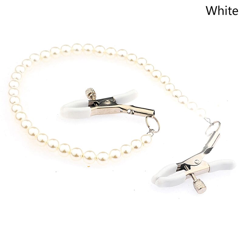Scandals nipple clamps with beaded pearl chain, adjustable metal clamps with decorative pearl accents for sensual wear.