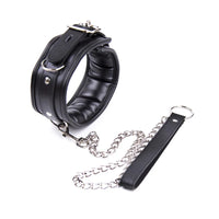 Thumbnail for a black leather collar with a chain attached to it