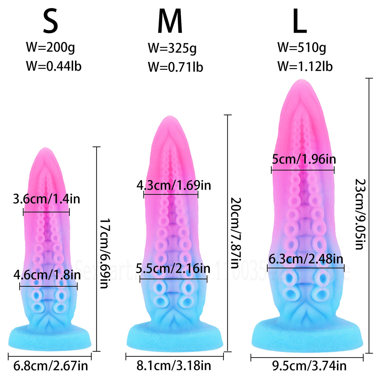 three sizes of a pink and blue toothbrush