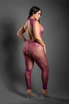 Fantasy Lingerie Magenta Endless Embrace Crotchless Floral Open Back Bodystocking