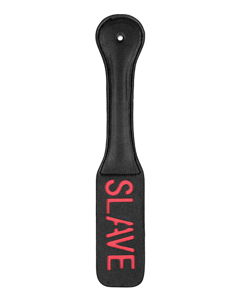 A luxurious paddle in black faux leather featuring the word 'SLAVE' boldly embossed in red, designed for a striking visual impact.