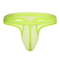 Sukrew Men's Sheer Low-Rise Thong in Acid Yellow, showcasing a luxurious large contoured pouch for comfort. Ideal men's thong for stylish underwear.