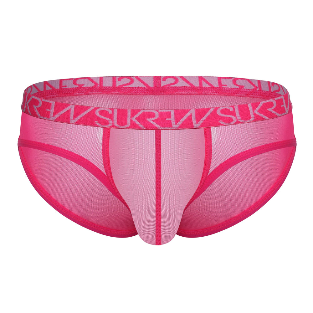 Sukrew men's sheer low-rise brief in electric pink, showcasing a snug fit and lightweight, stretchy fabric for comfort and style.