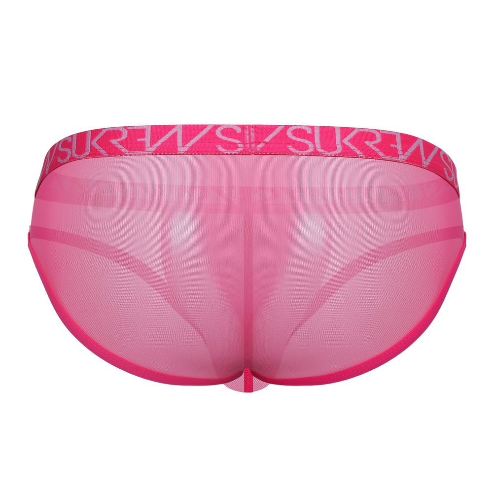 Sukrew men's sheer low-rise briefs in vibrant electric pink, close-up of fabric and fit on a model.