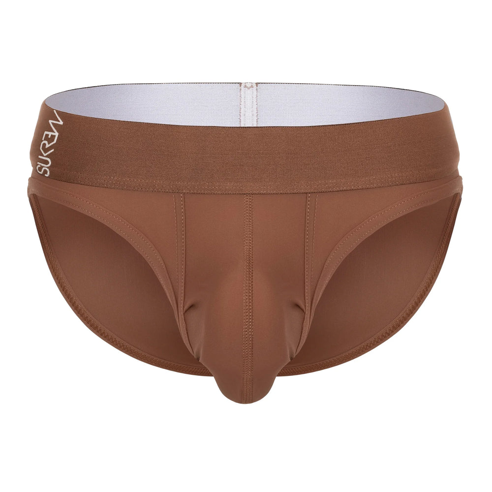 Sukrew men's classic silky contoured brief in espresso, showing smooth fabric and supportive fit on a model.
