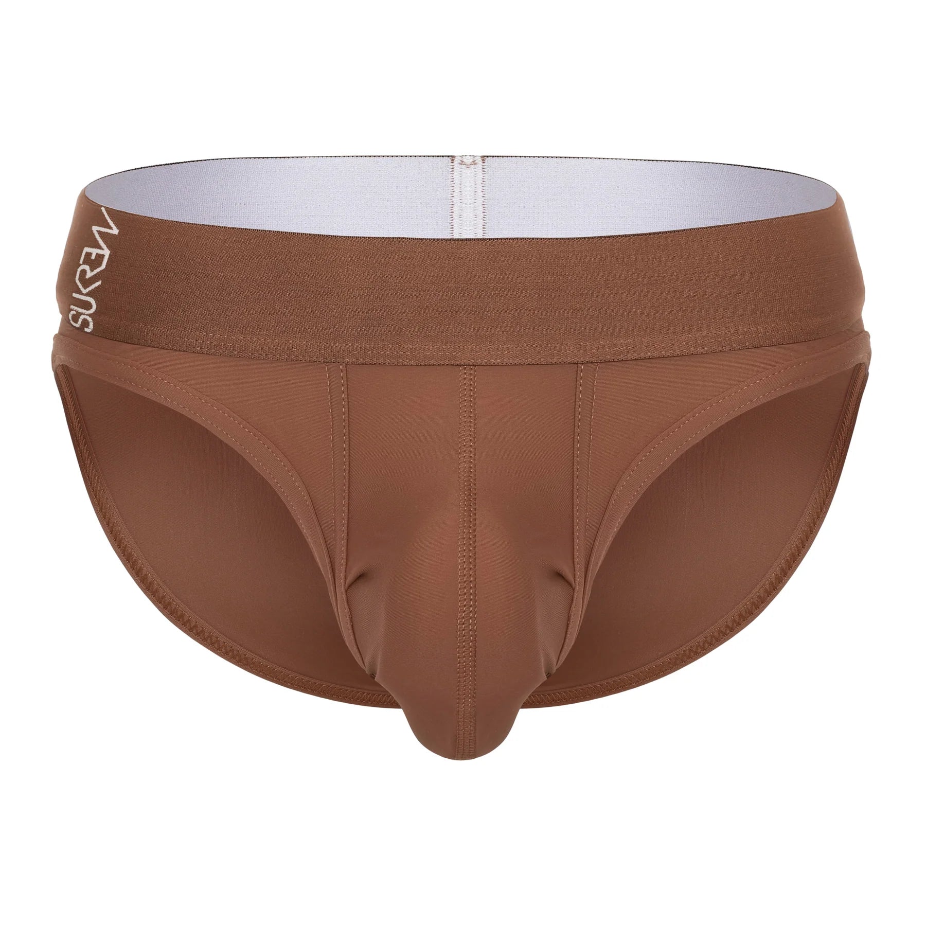 Sukrew men's classic silky contoured brief in espresso, showing smooth fabric and supportive fit on a model.