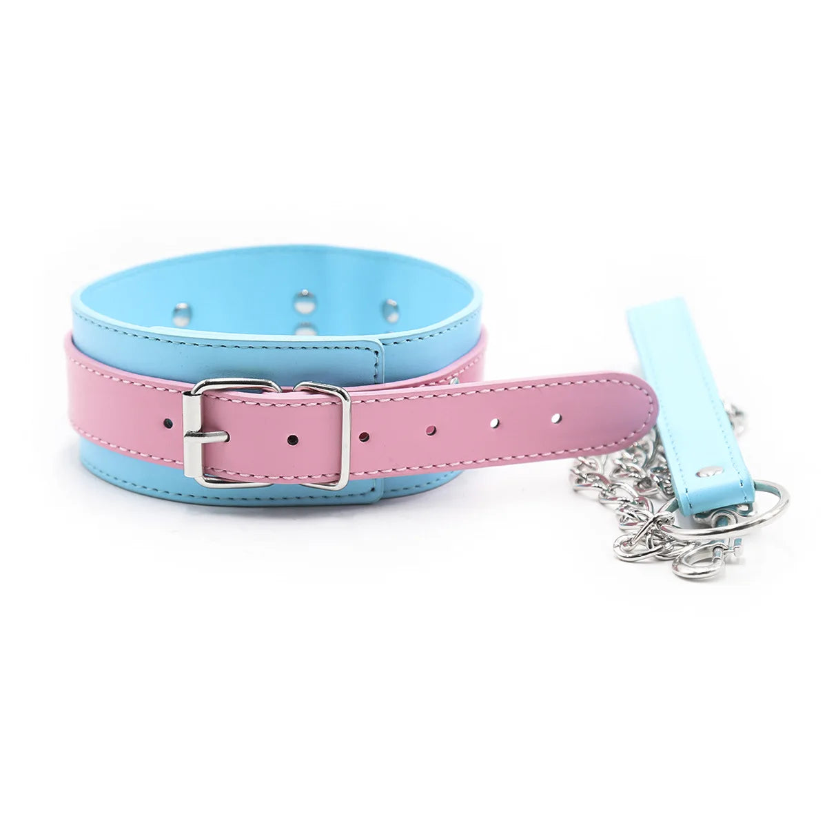 a pink and blue dog collar and leash
