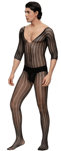 Thumbnail for Scandals Black Striped Fishnet Bodystocking Menswear Scandals Lingerie 