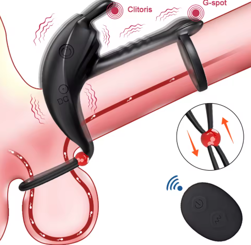 Illustration of a vibrating cock ring in use, emphasising its unique design for enhanced pleasure, clitoral stimulation, and remote operation.