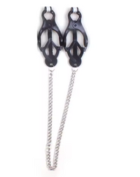 Sophisticated duo of metal nipple clamps adorned with a sleek chain, embodying sensual allure and delightful tension.