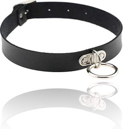 Black leather Scandals choker collar with metal buckle and adjustable strap, designed for stylish accessories.