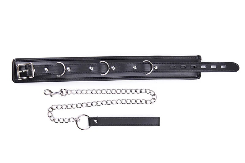 a black leather leash with a metal chain