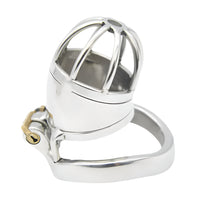 Luxury small stainless steel chastity cage showcasing a birdcage-style design for discreet wear, featuring a sleek finish and integrated locking mechanism.