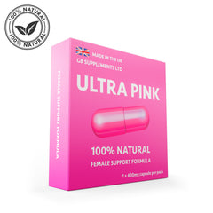 Ultra Pink 400mg female sexual support capsules by GB Supplements, showing the herbal supplement bottles with pink labeling.