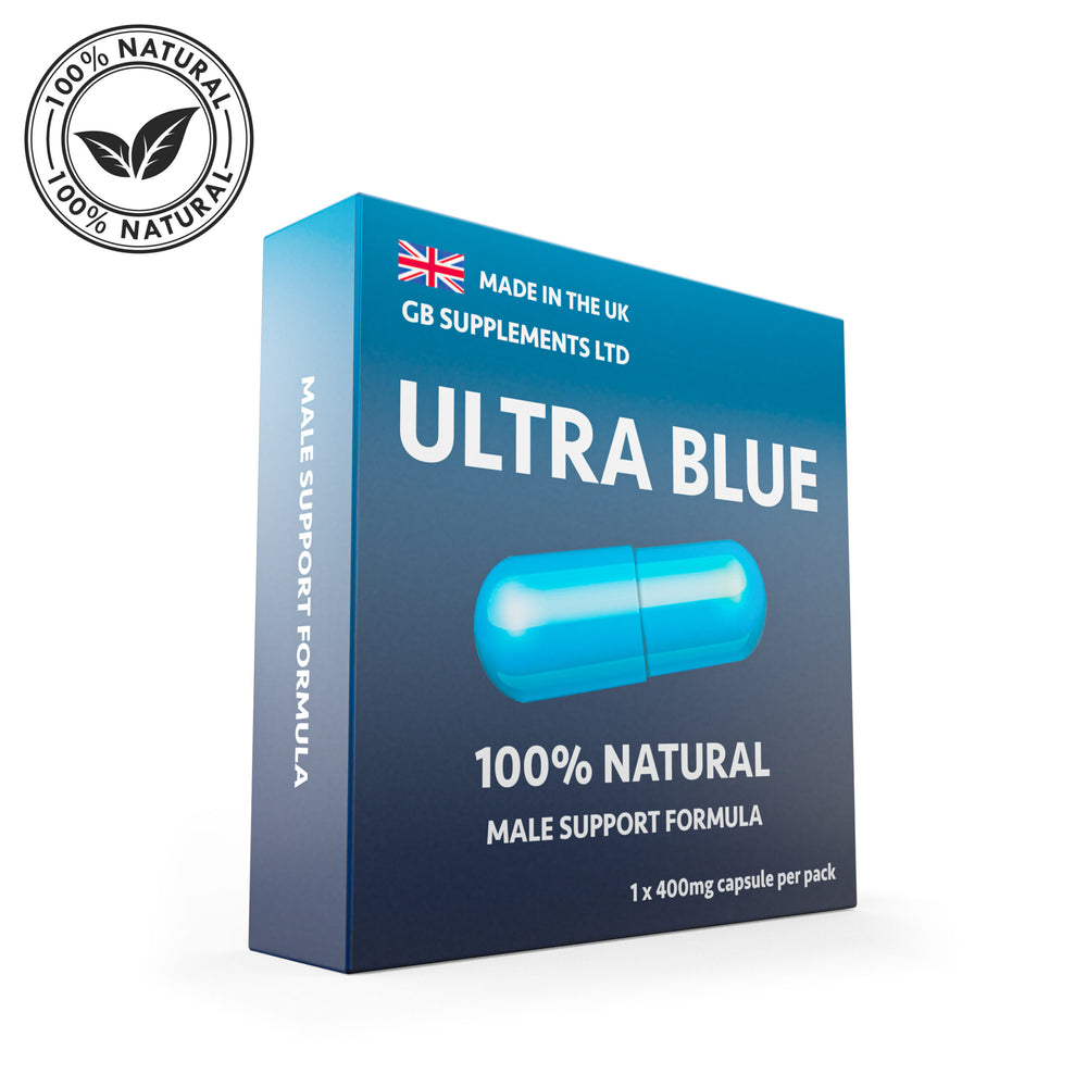 Ultra Blue Premium 400mg herbal capsules for male health support, designed as aphrodisiacs and enhancers by GB Supplements.