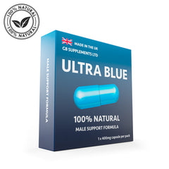 Ultra Blue Premium 400mg herbal capsules for male health support, designed as aphrodisiacs and enhancers by GB Supplements.