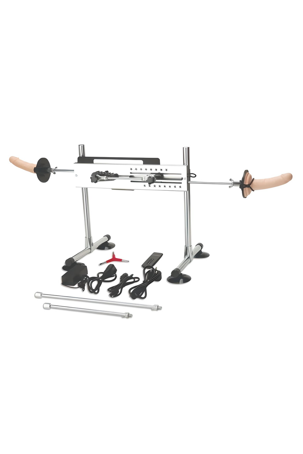 MYU UltraCock sex machine with adjustable design and two 6-inch dildos for dual pleasure, shown in a sleek, modern setup.
