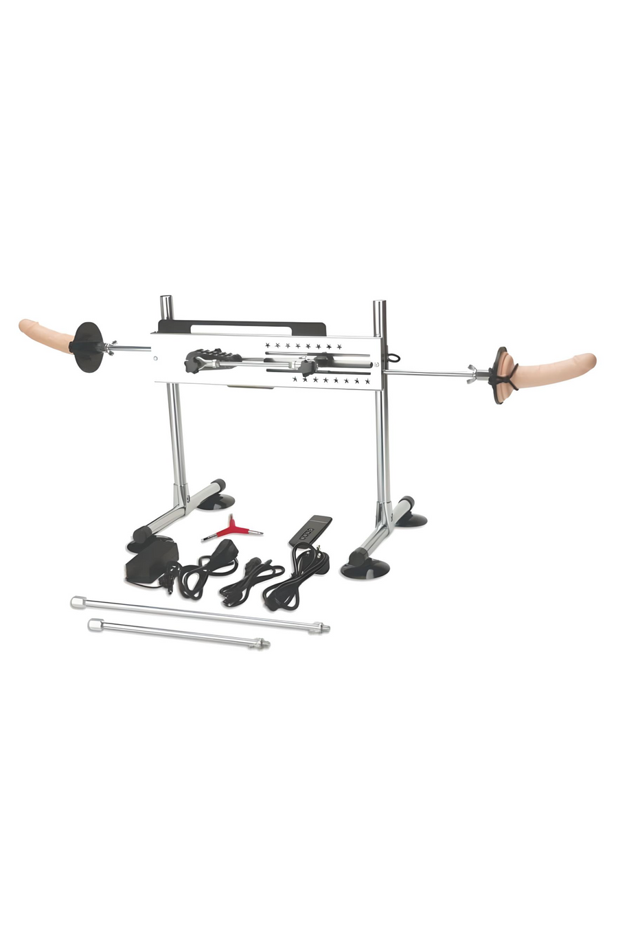 Premium Me You Us UltraCock Sex Machine featuring an adjustable design, dual 6-inch dildos, and various accessories for ultimate pleasure, showcased in a sleek and modern setup.