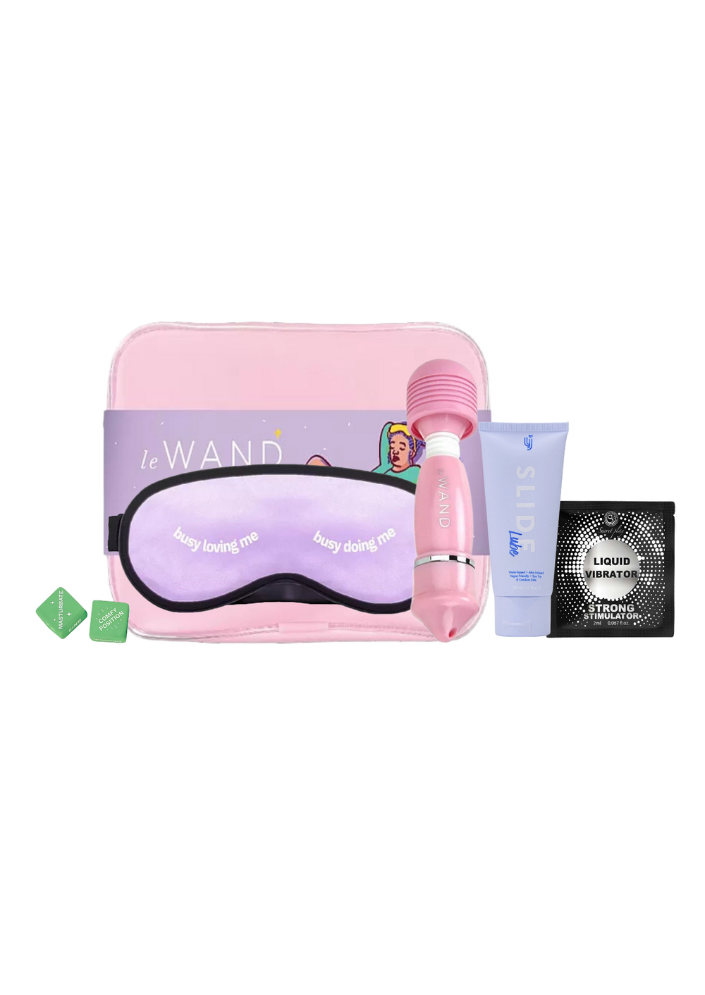 Le Wand Doing Me Self Love Starter Kit includes a mini massager, satin eye mask, lubricants, and dice set for personal relaxation.