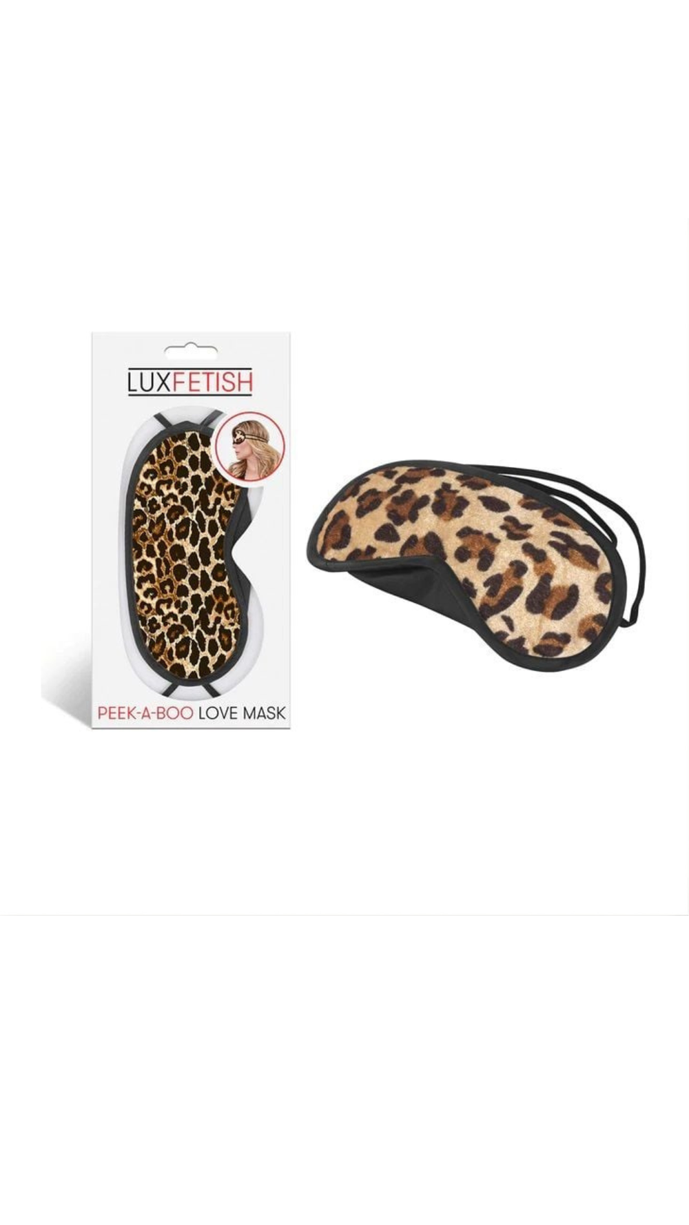 Lux Fetish Peek-A-Boo Love Mask in stylish black or leopard print, adult blindfold with sleek design for sensory play.