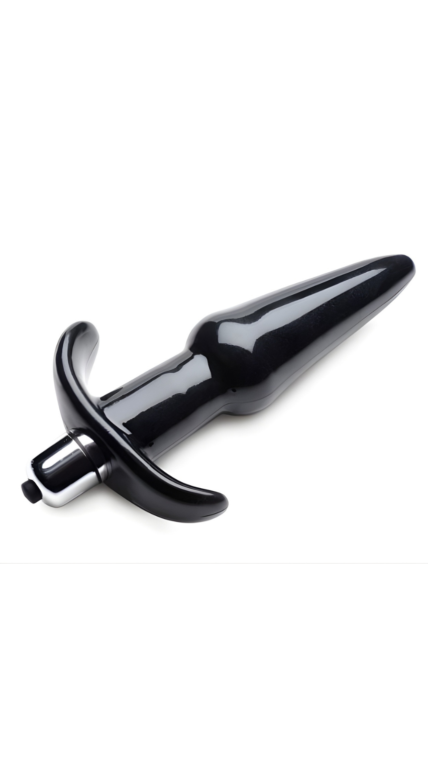 Frisky Noir Smooth Vibrating Anal Plug for Beginners, black silicone anal toy with gentle shape and vibrating feature for comfort.