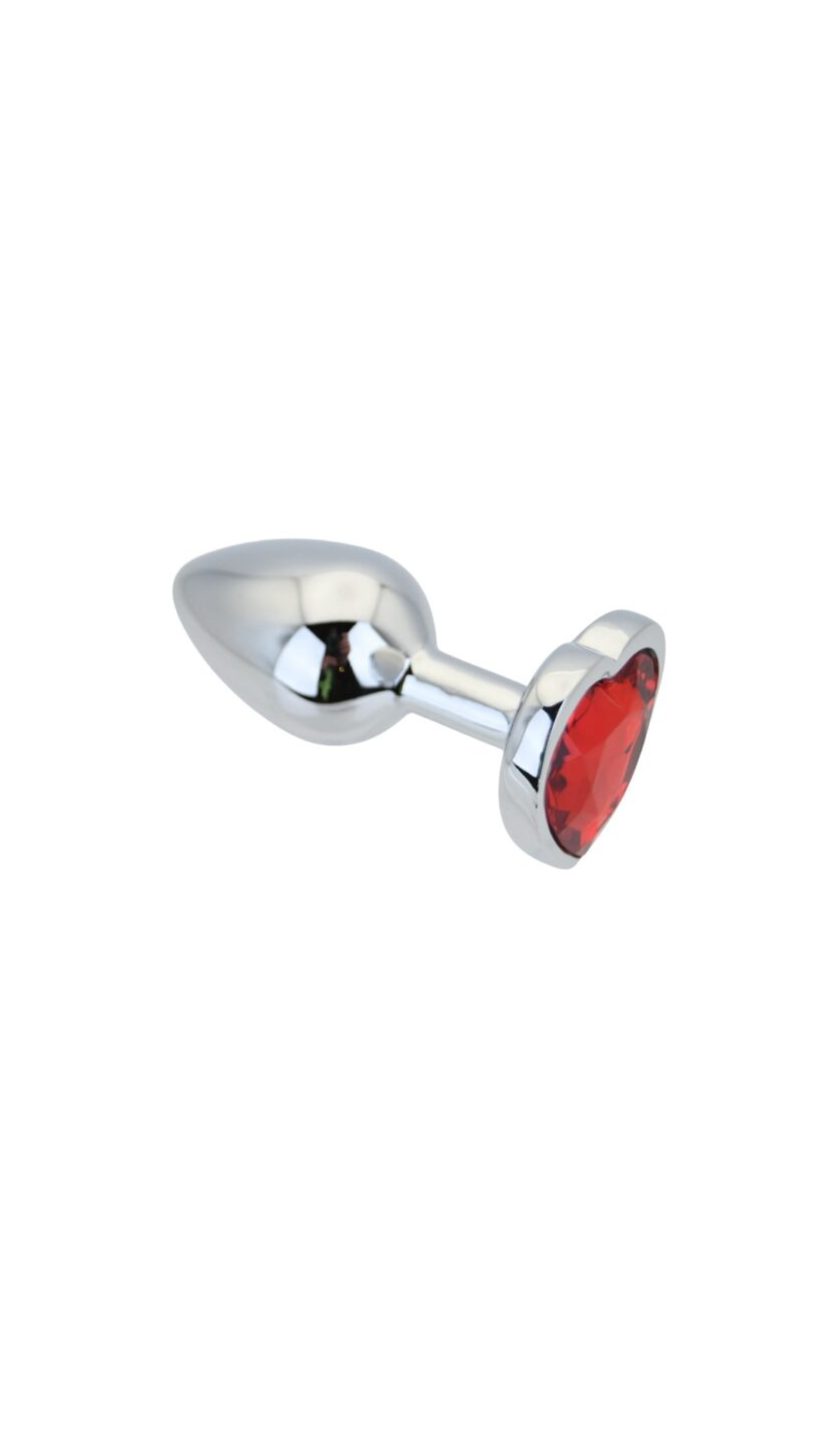 Toosh Heart Shaped Silver Butt Plug with Red Stone Small displayed in a glamorous setting, emphasizing its stylish and romantic aesthetic suitable for sophisticated intimate moments.