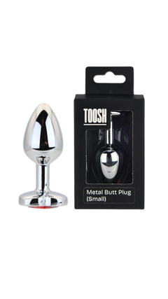 Toosh Heart Shaped Silver Butt Plug with Red Stone Small highlighting the premium quality metal construction and secure flared base, perfect for both beginners and experienced users.