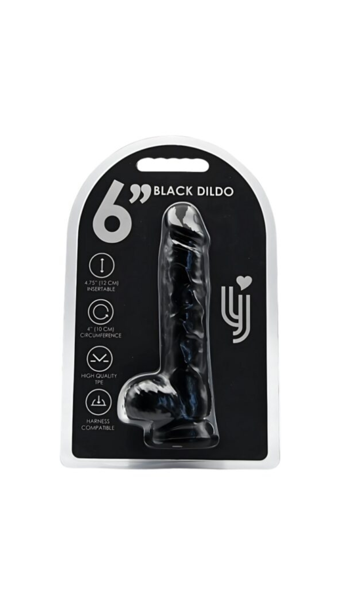 Realistic black dildo with suction cup and testicles, made by Loving Joy, designed for adult pleasure and easy attachment.