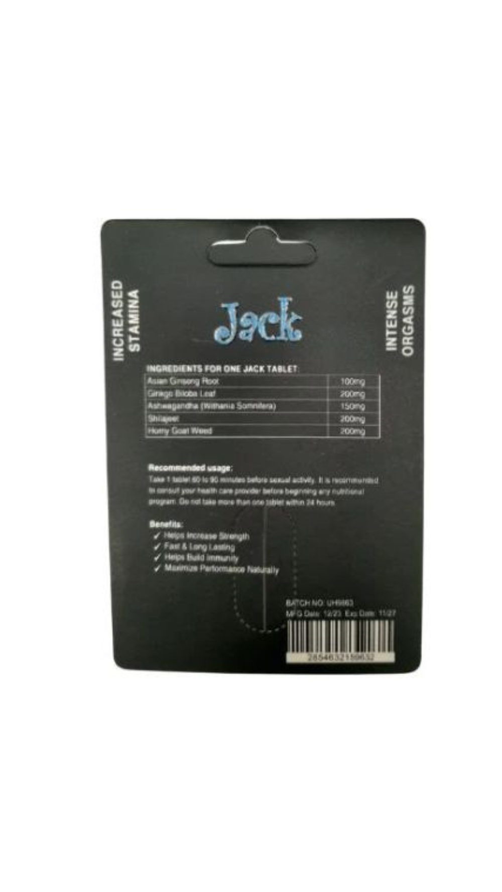 Jack Rabbit aphrodisiac pill showing the capsule and packaging for enhanced sexual performance and vitality.
