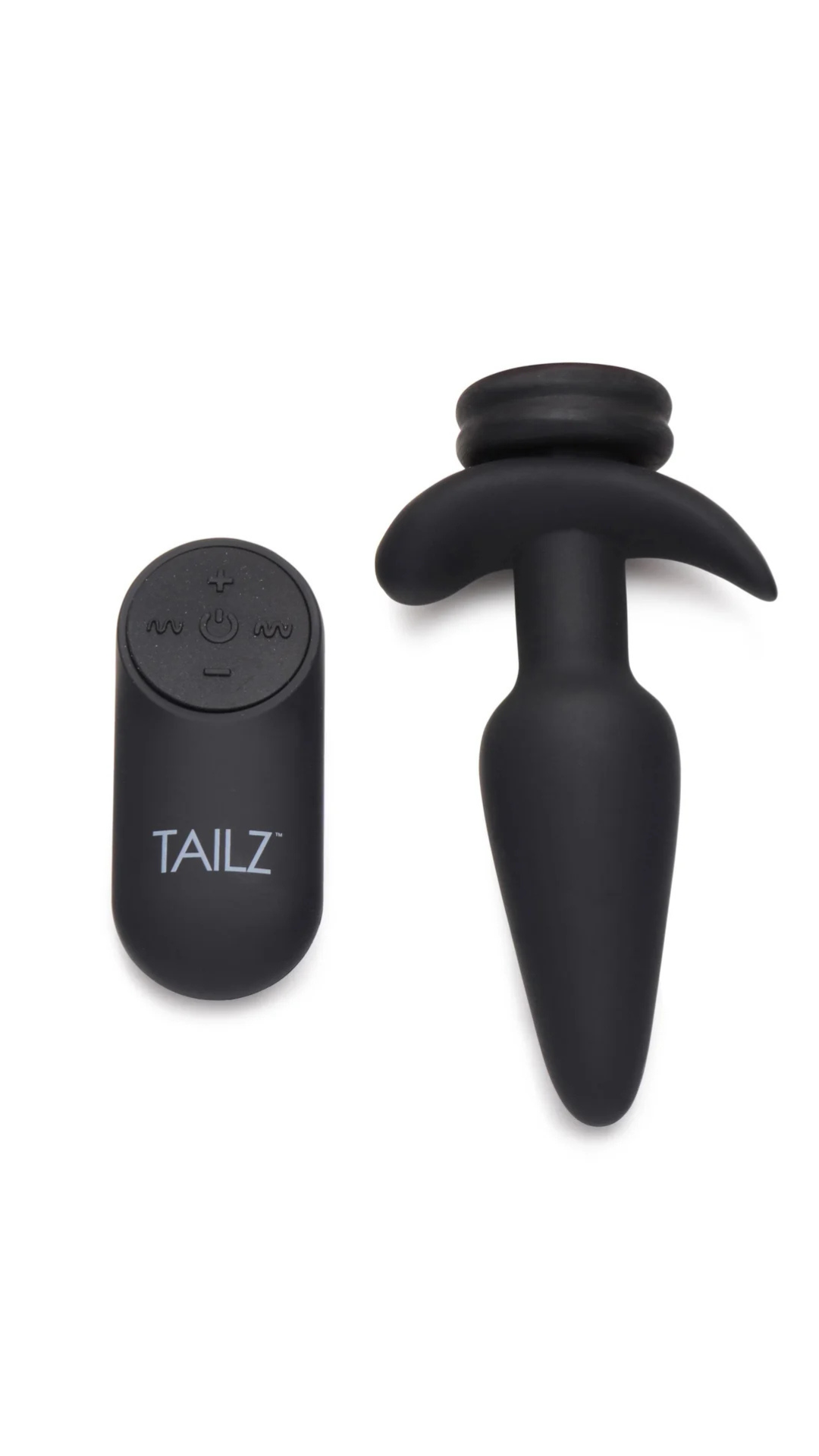 Tailz Interchangeable 10X Vibrating Silicone Butt Plug With Remote Black Small showcased elegantly, highlighting its sleek design and premium silicone material.