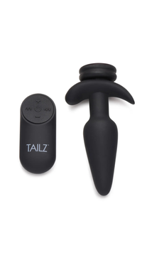 Tailz Interchangeable 10X Vibrating Silicone Butt Plug With Remote Black Small showcased elegantly, highlighting its sleek design and premium silicone material.