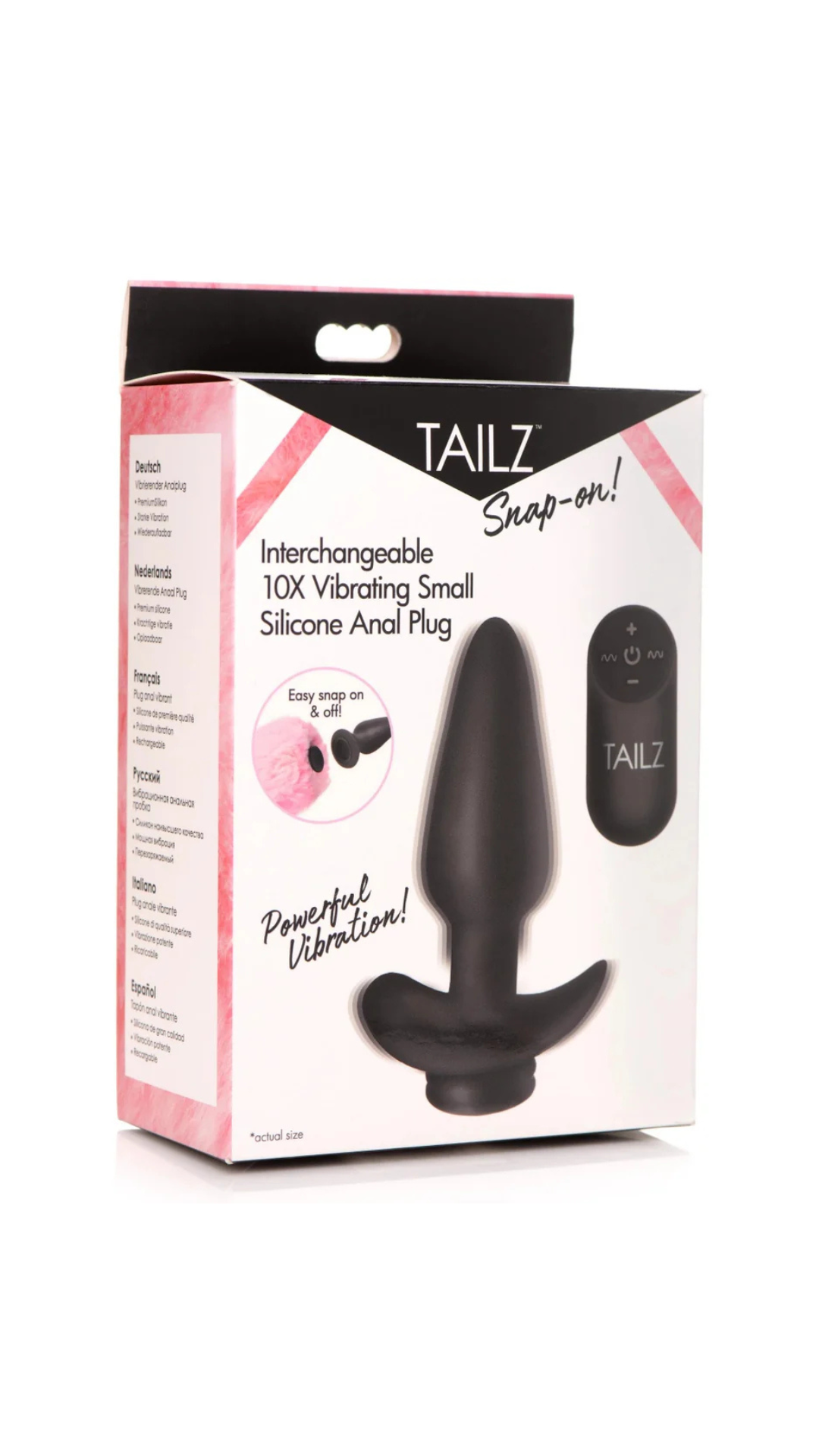 Tailz Interchangeable 10X Vibrating Silicone Butt Plug With Remote Black Small displayed alongside its wireless remote, emphasising convenience and sophistication.