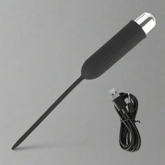 Silicone urethral sounding vibrator with removable bullet for men, rechargeable, soft texture, and 10-frequency settings.