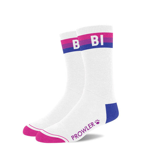 a pair of white socks with blue and pink stripes