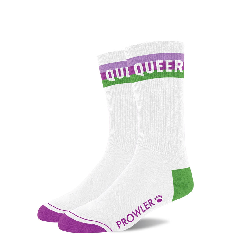 Pair of Prowler RED men's queer socks featuring vibrant, colorful designs to express pride and individual style.