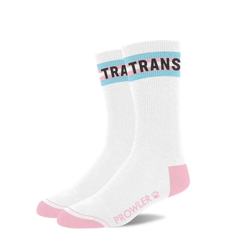 a pair of white socks with pink and blue stripes