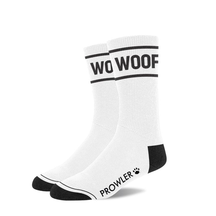 Prowler RED Crew Sock WOOF featuring a playful WOOF logo in elegant black and white design, perfect luxury crew socks for dog lovers.