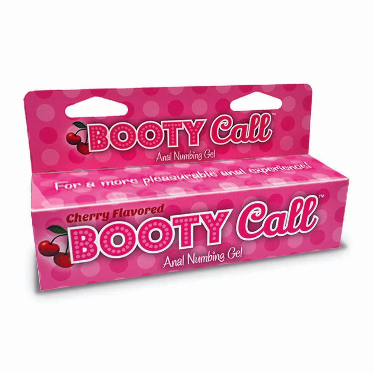 Pink packaging of Booty Call anal numbing gel with cherry graphics on a white background