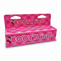 Pink packaging of Booty Call anal numbing gel with cherry graphics on a white background