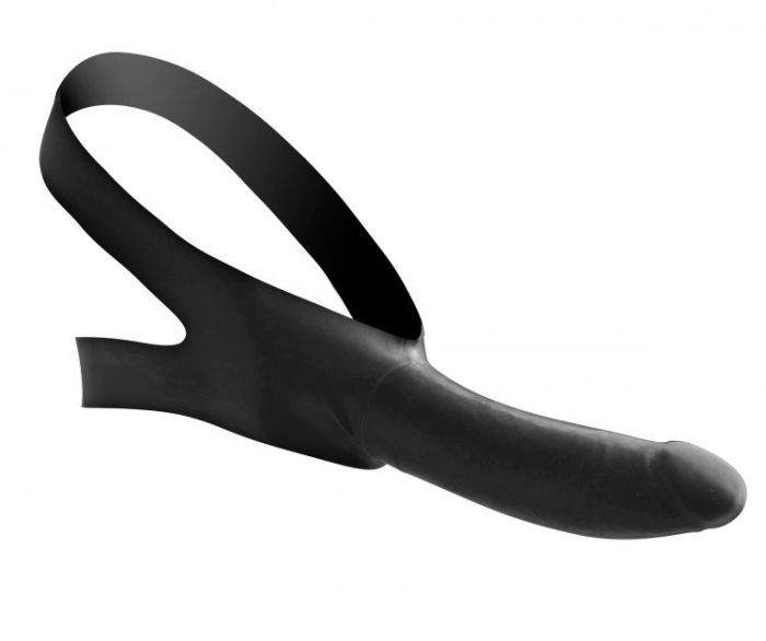 Master Series face gag strap on adjustable stretchy latex dildo mouth gag for BDSM and fetish play.