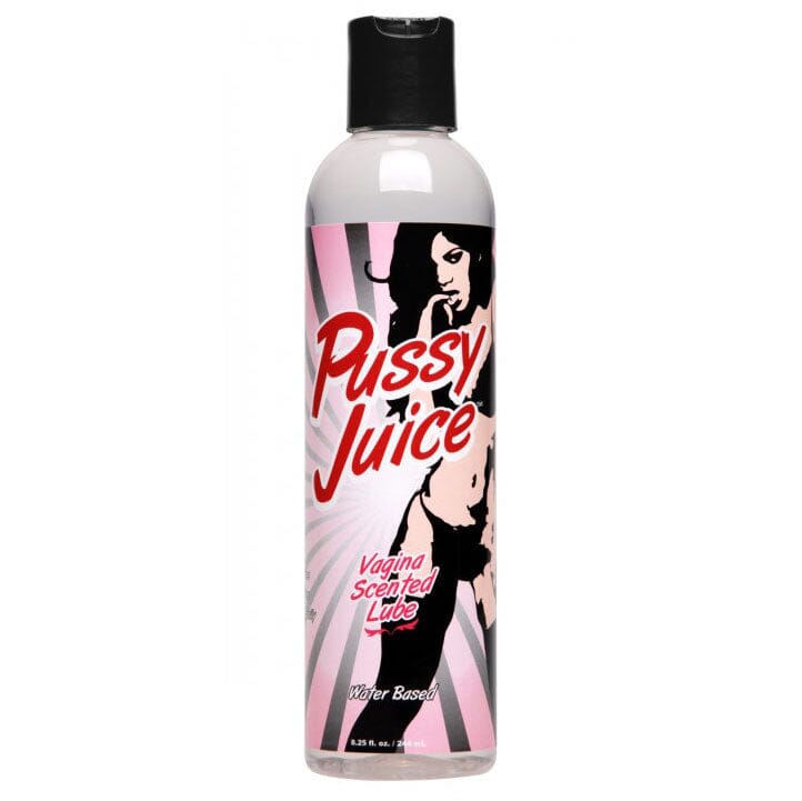 Master Series Pussy Juice scented water-based lubricant in 244ml bottle, featuring a clear liquid with a smooth texture.