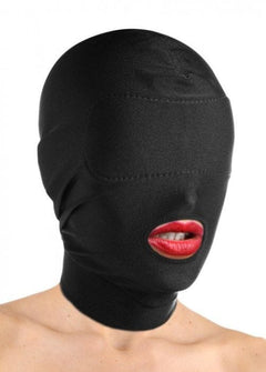 Master Series Disguise open mouth hood with padded blindfold, black hood and mask for costume or role-play.