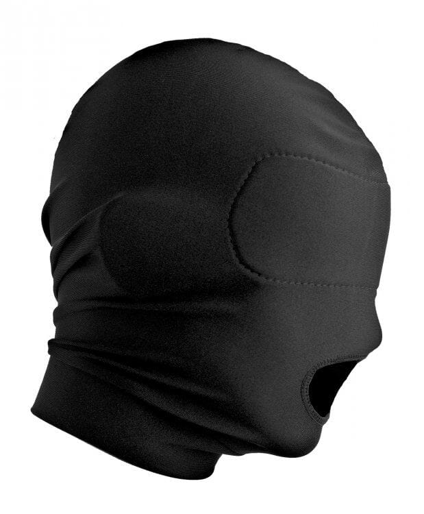 Master Series Disguise open mouth hood with padded blindfold, featuring a sleek black hood and comfortable padding.